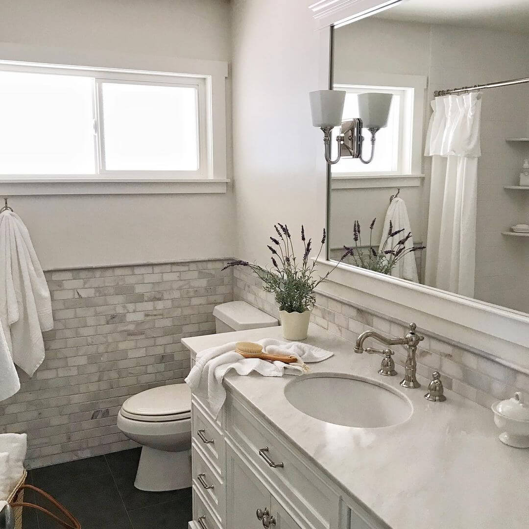 Marble Wainscoting Adds a Classic Touch to Small Bathrooms