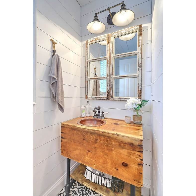 Mix Rustic Vanity with a Distressed Mirror Frame