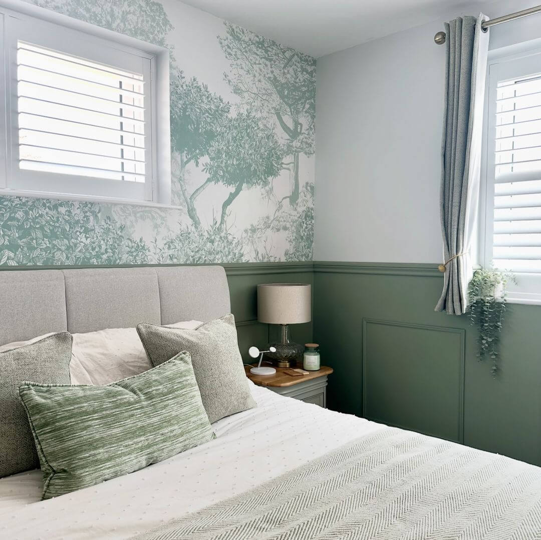 Pair Botanical Wallpaper with Sage Green Wainscoting