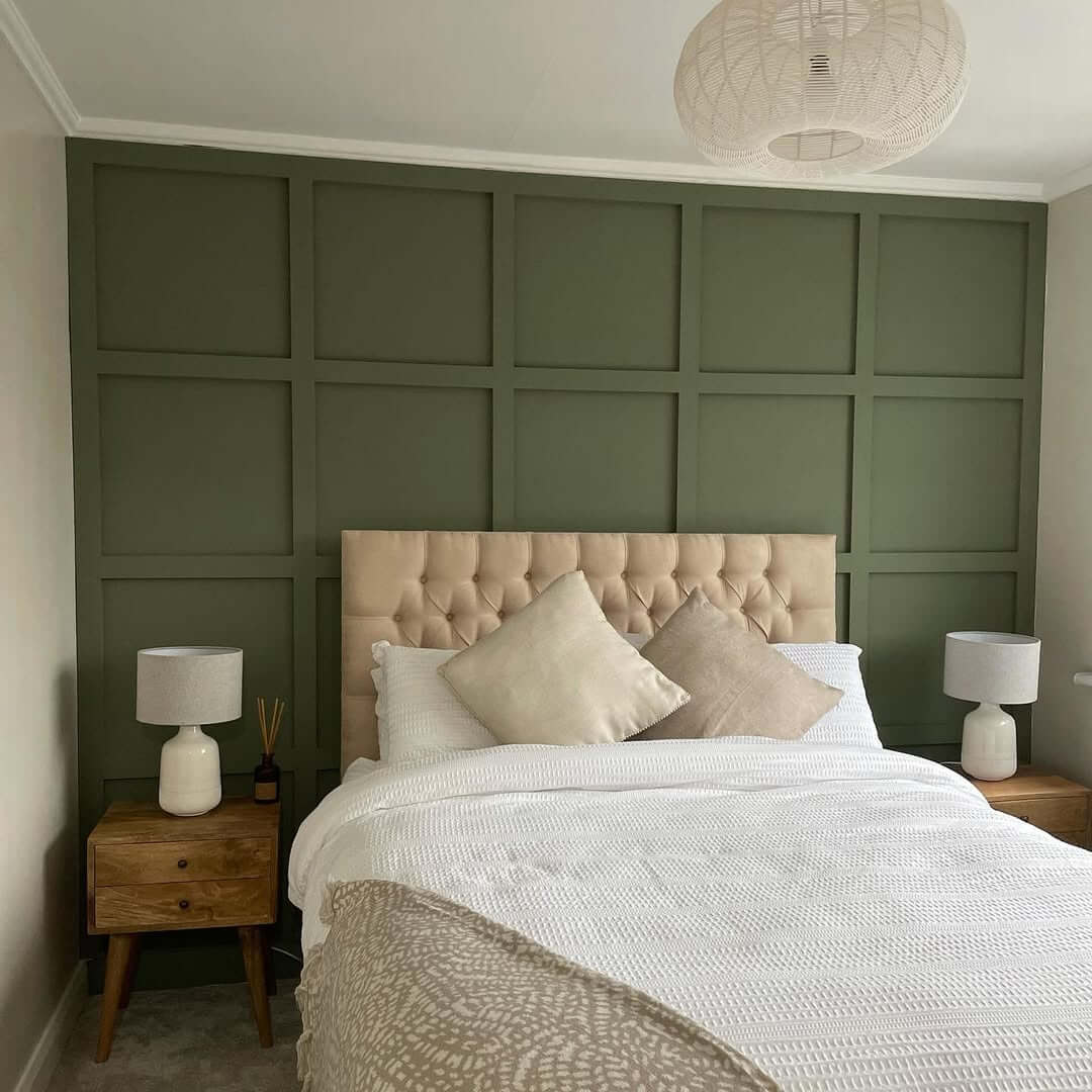 Deep Sage Green Grid Paneling for a Cozy Feature Wall