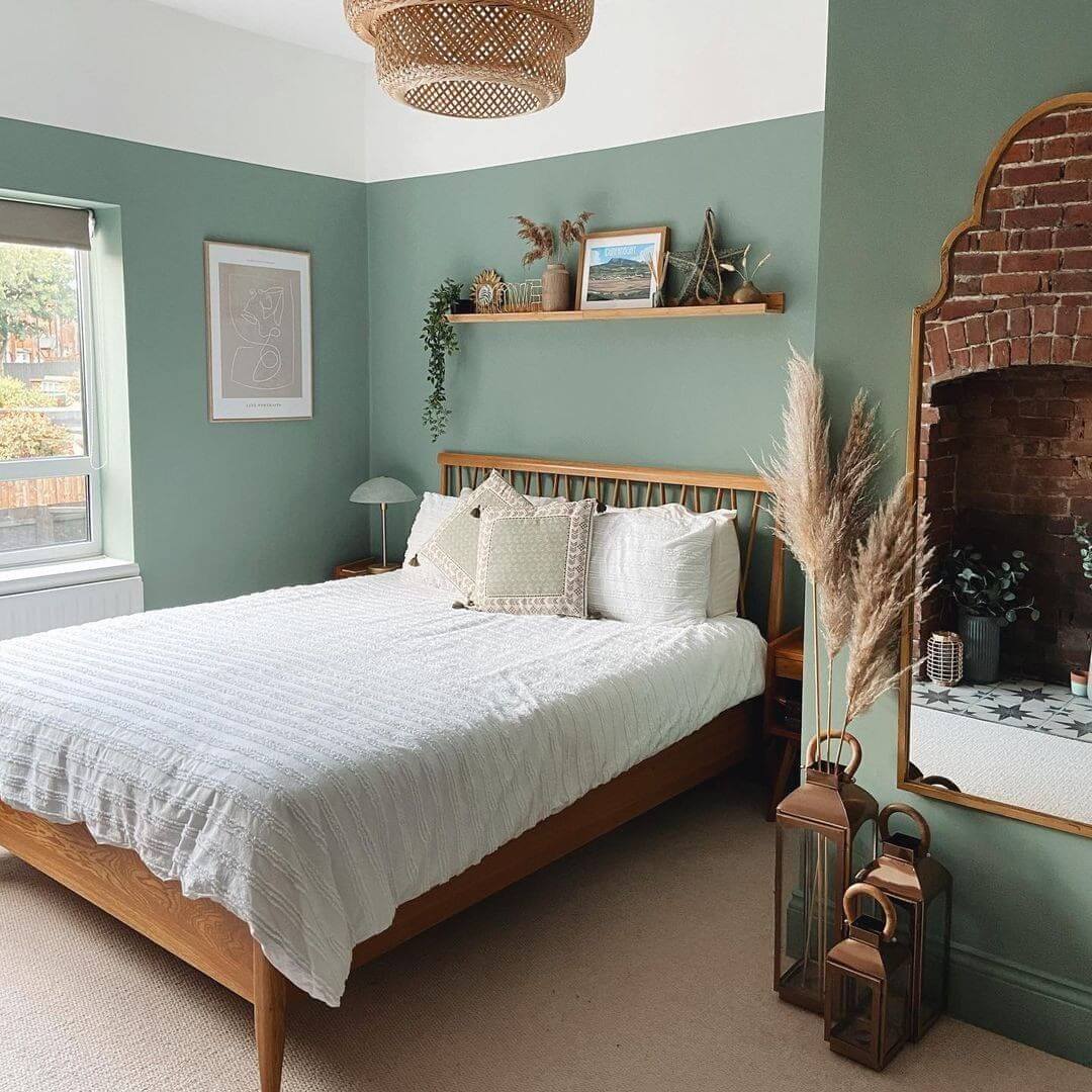 Ground Your Sage Green Room with a Wooden Bed Frame