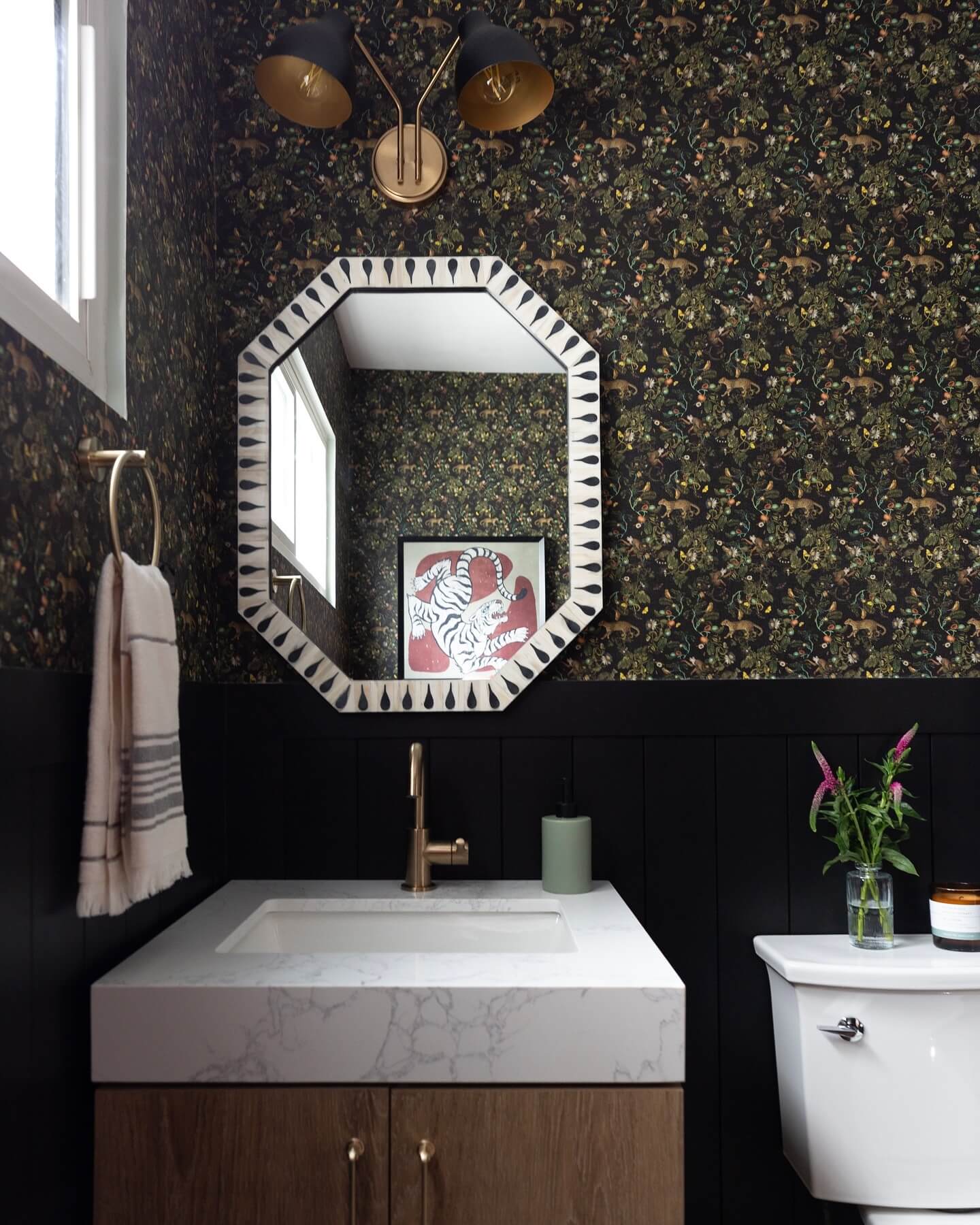 Octagonal Mirror with Black and White Drop Detail