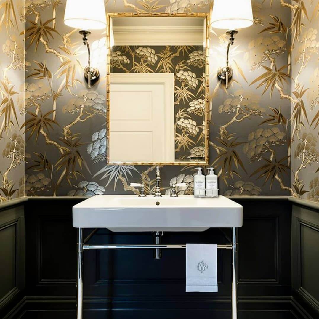 Dramatic Bamboo Wallpaper With Gold Accents Creates a Statement