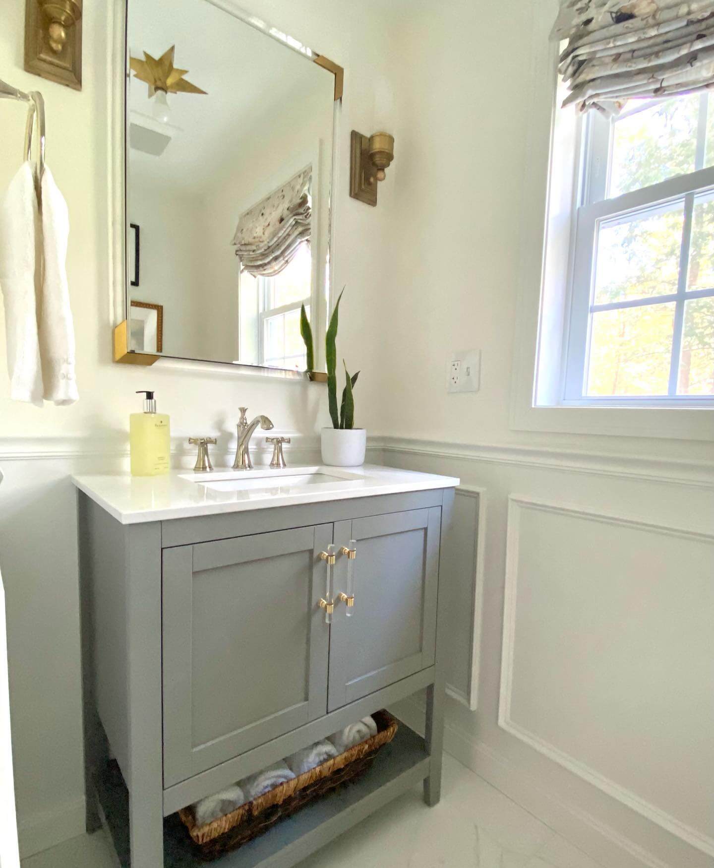 Clear Acrylic Pulls Add Sparkle to Gray Vanity