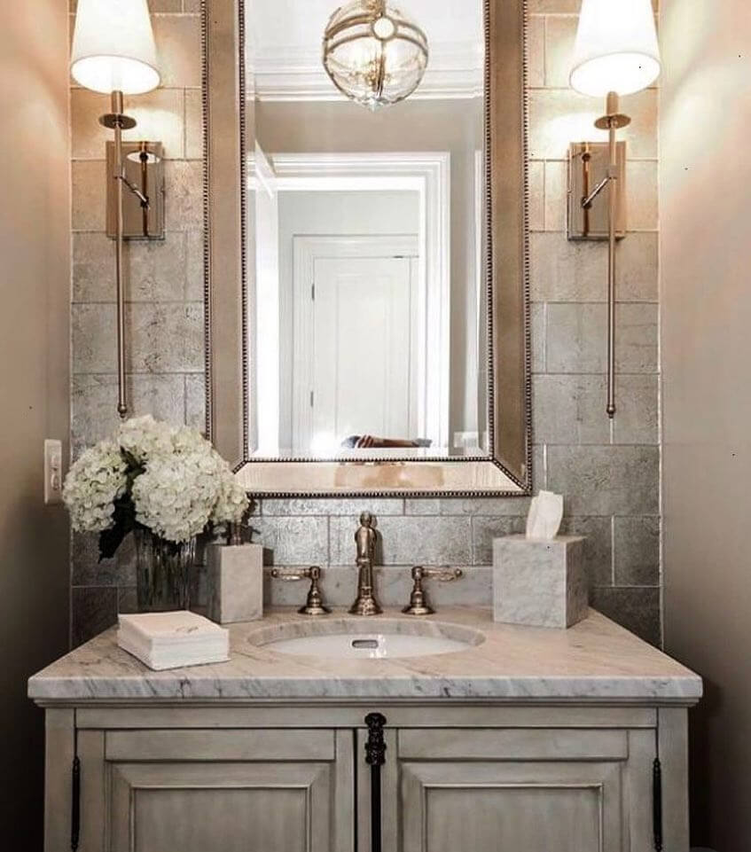 Textured Tile Backsplash Adds Subtle Shine Above the Vanity