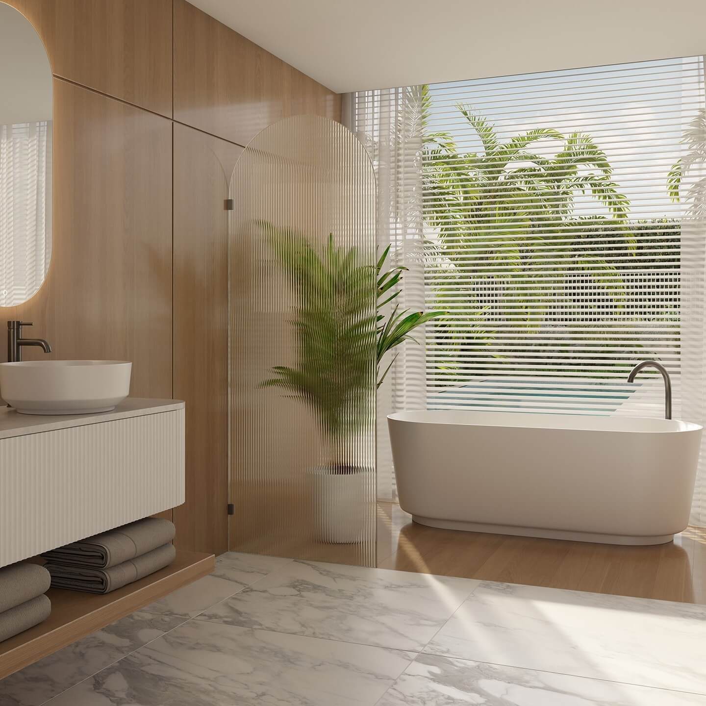Curved Fluted Glass Screen Adds Privacy to Bathing Area