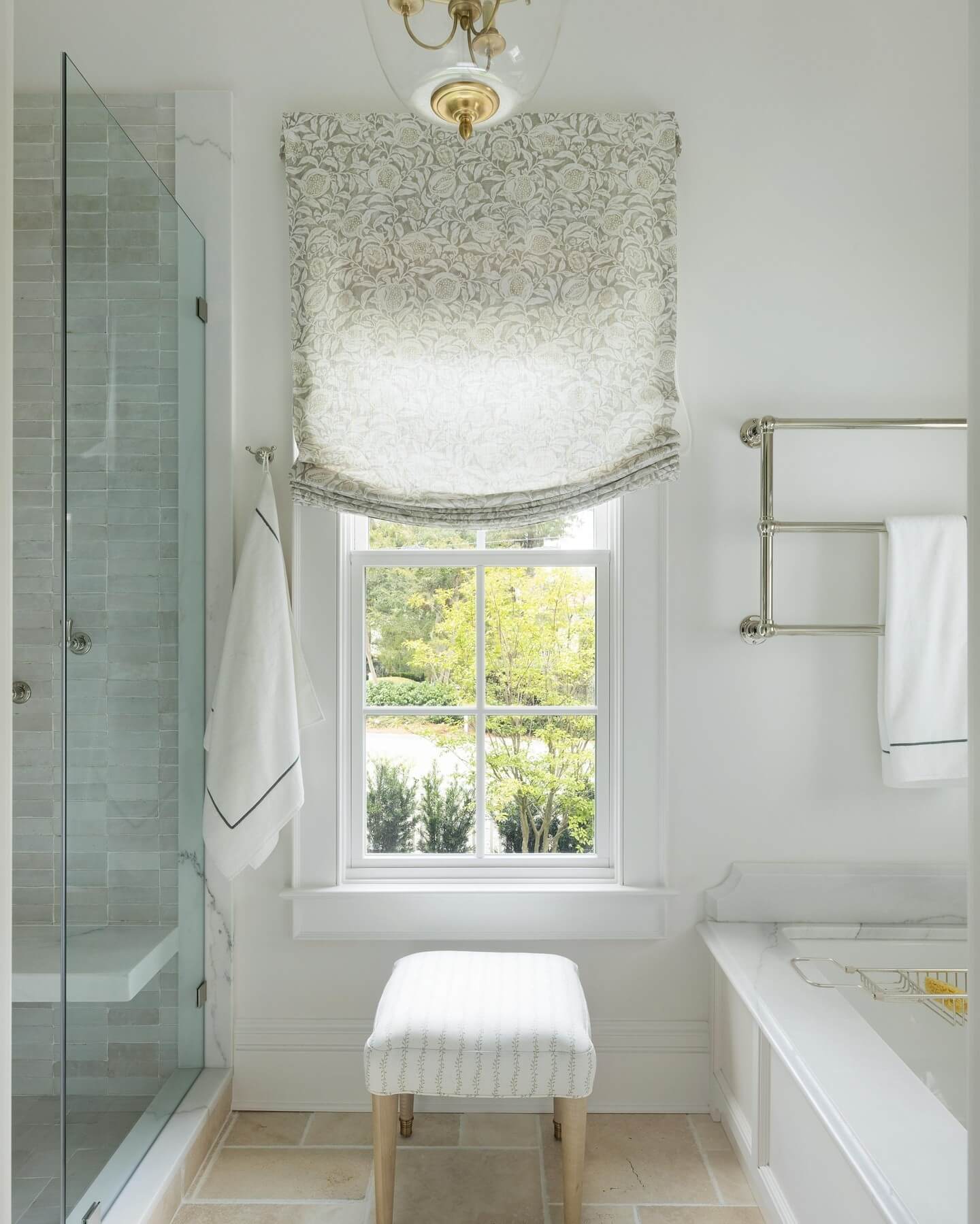 Patterned Roman Shade Offers Soft Privacy From Outside