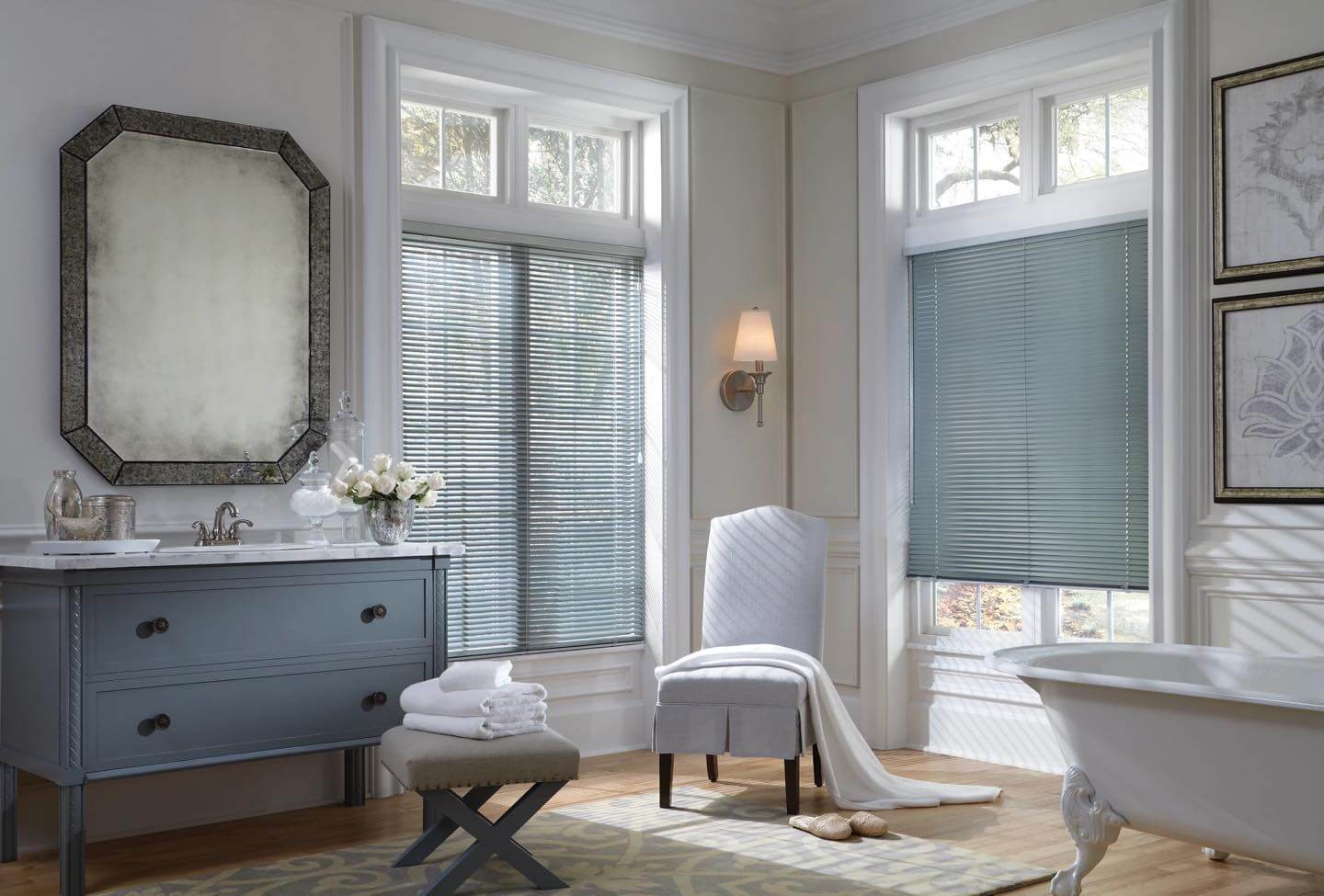 Light Blue Pleated Shades Offer Subtle Bathroom Privacy