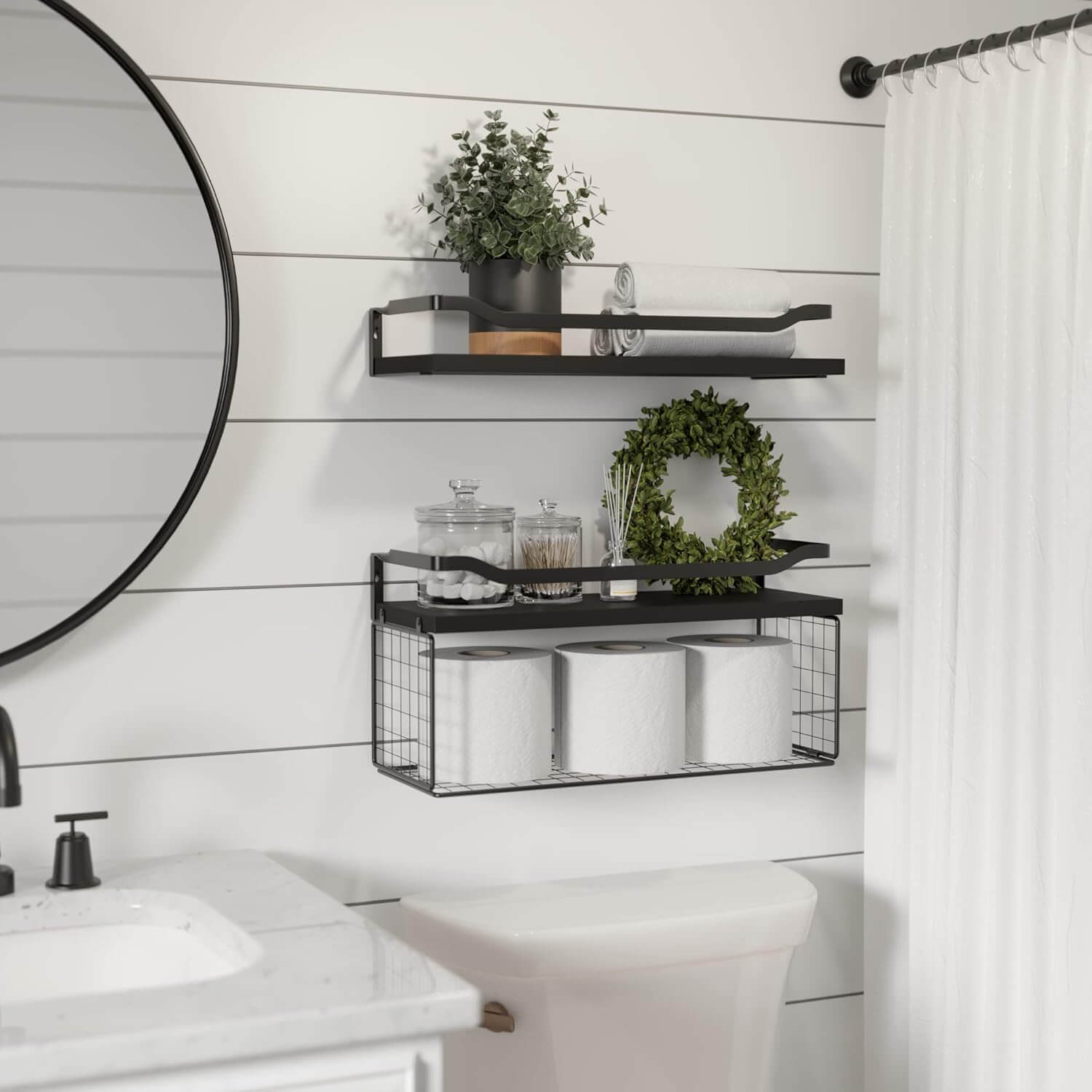 Wire Basket Shelf Holds Extra Toilet Paper Rolls
