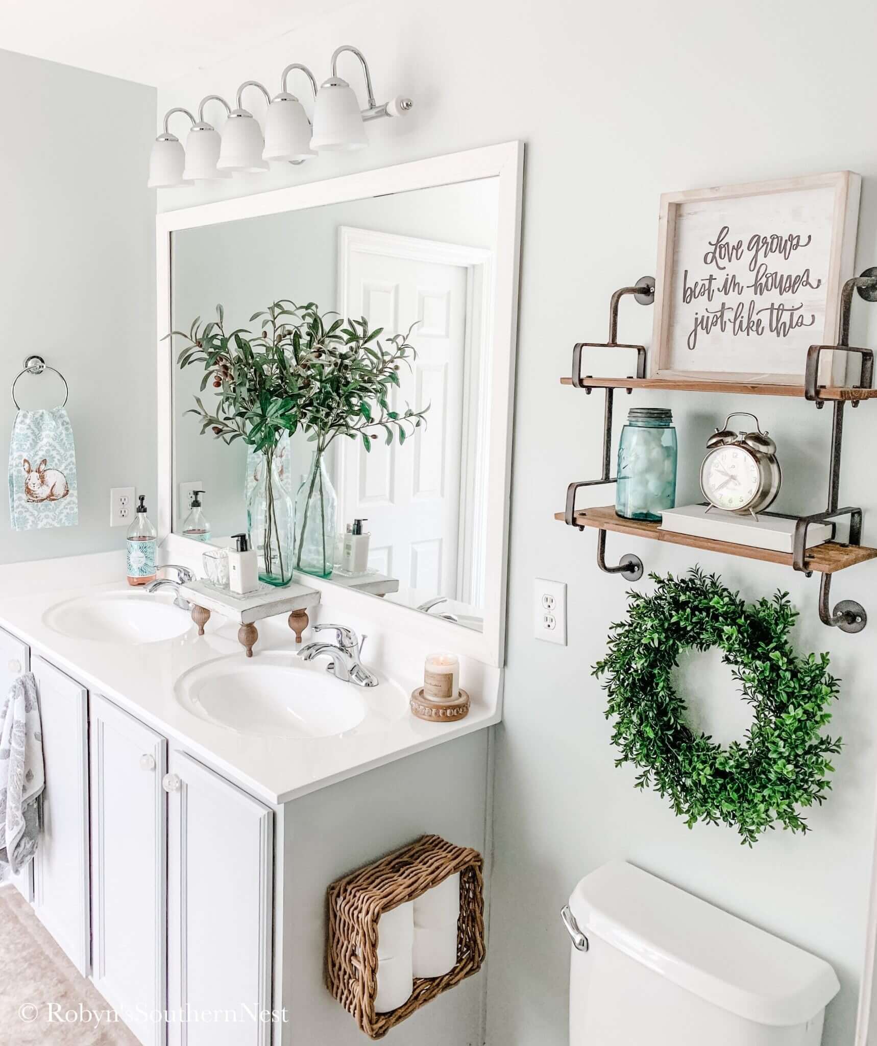 Rustic Shelving Holds Decorative Jars and a Vintage Alarm Clock