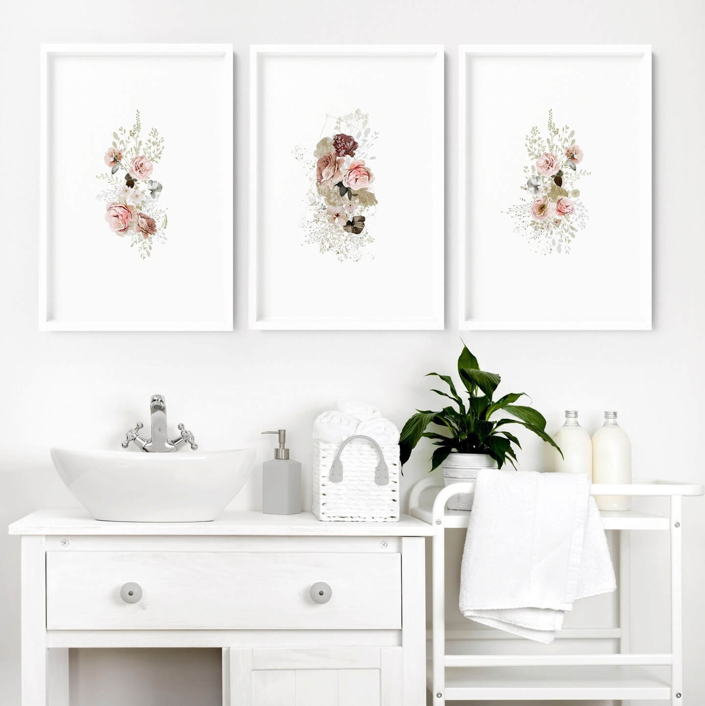 Triptych of Floral Art Adds Soft Color to Bathroom Walls