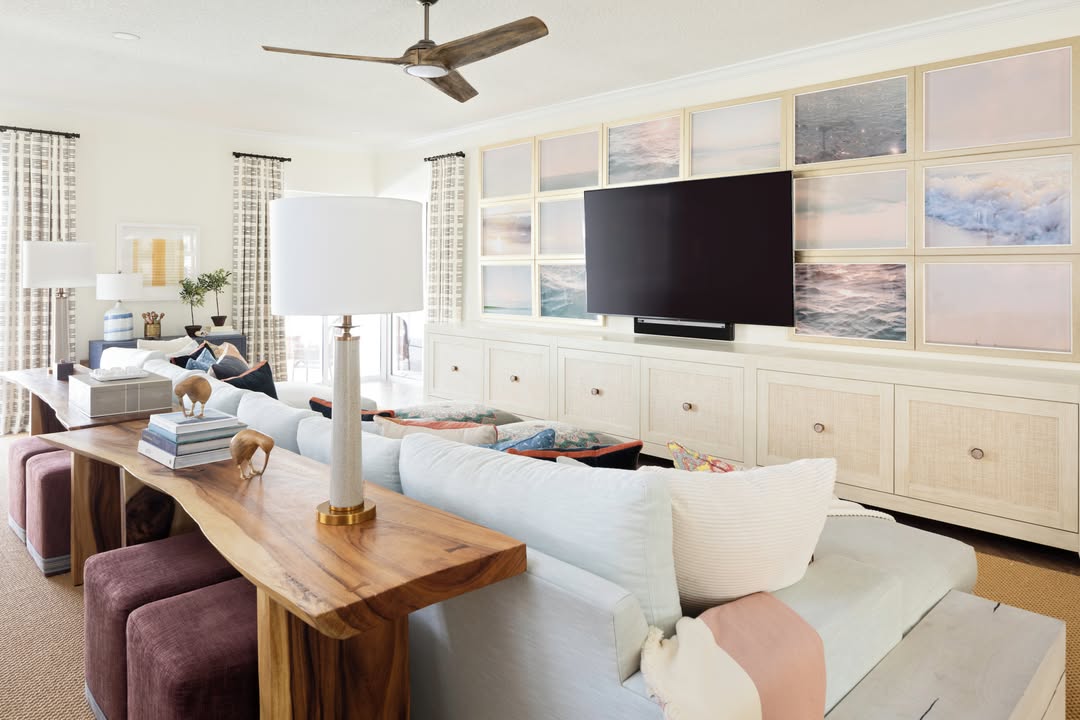 Group Serene Ocean Prints Above Built-In Cabinetry