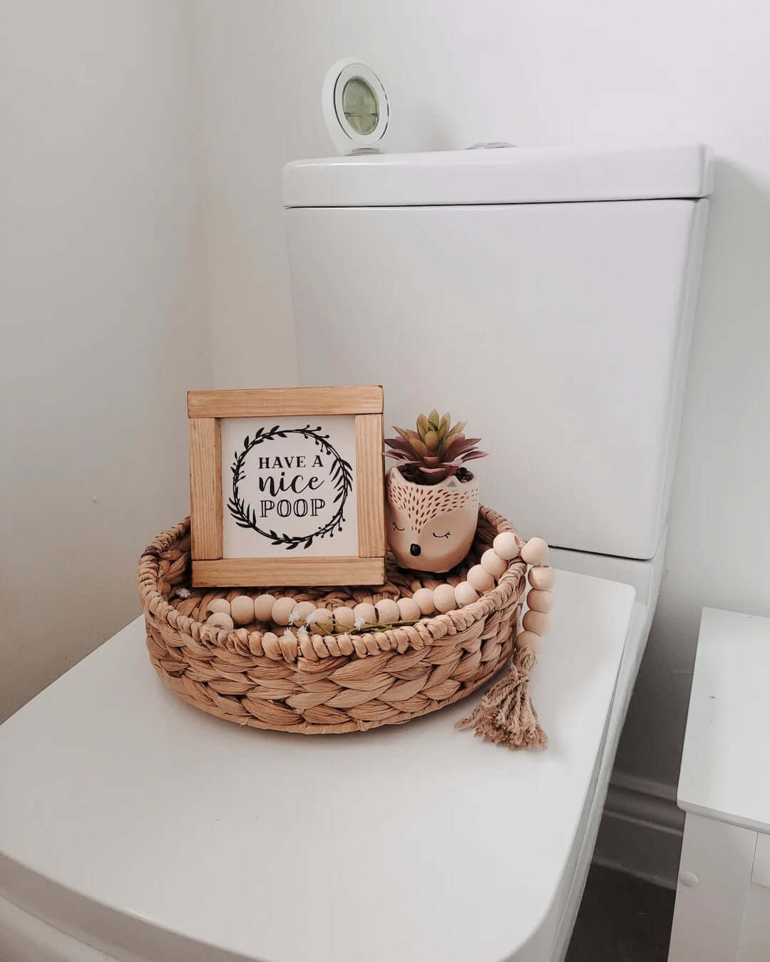Woven Basket Display for Small Bathroom Signs and Plants