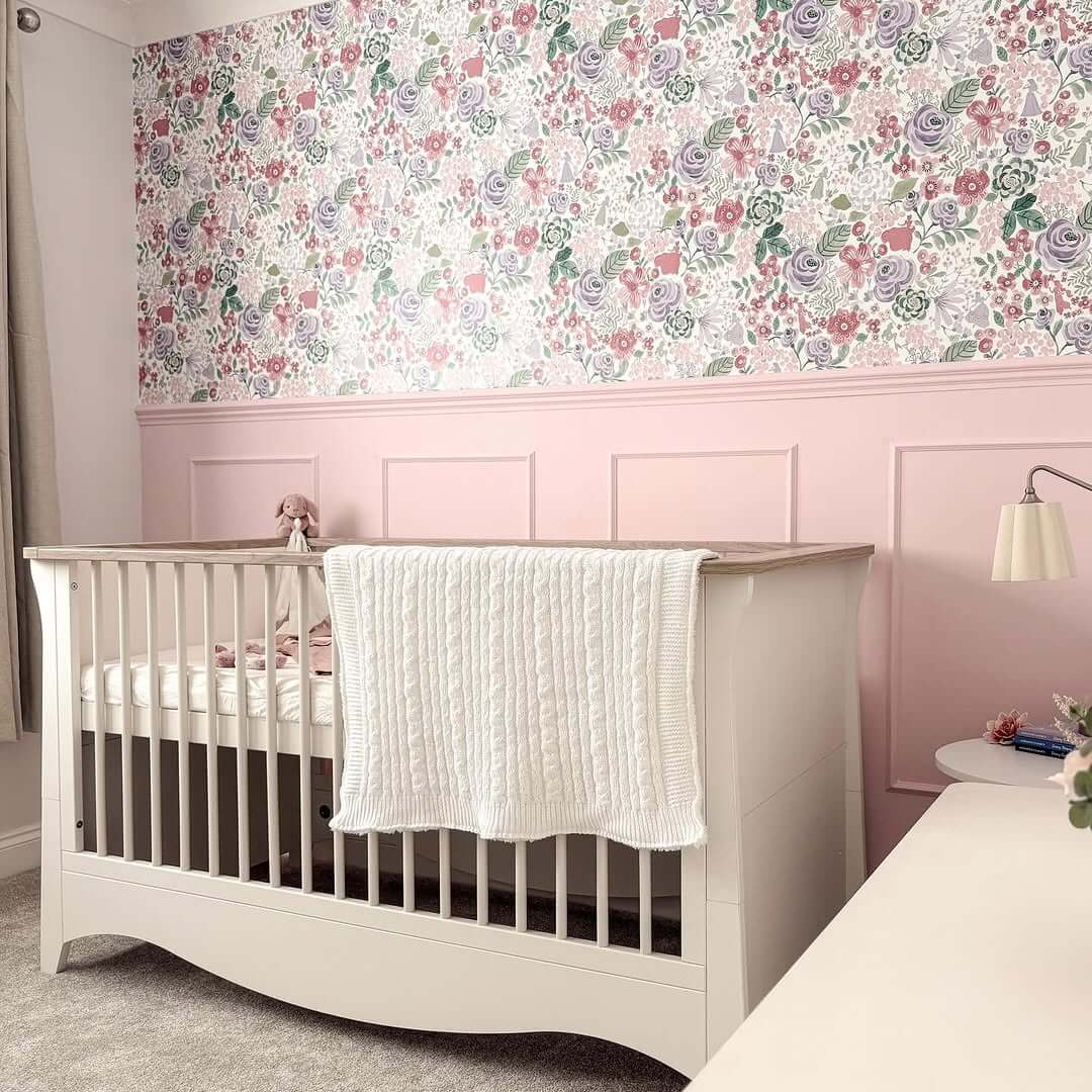 Combine Floral Wallpaper and Pink Wainscoting