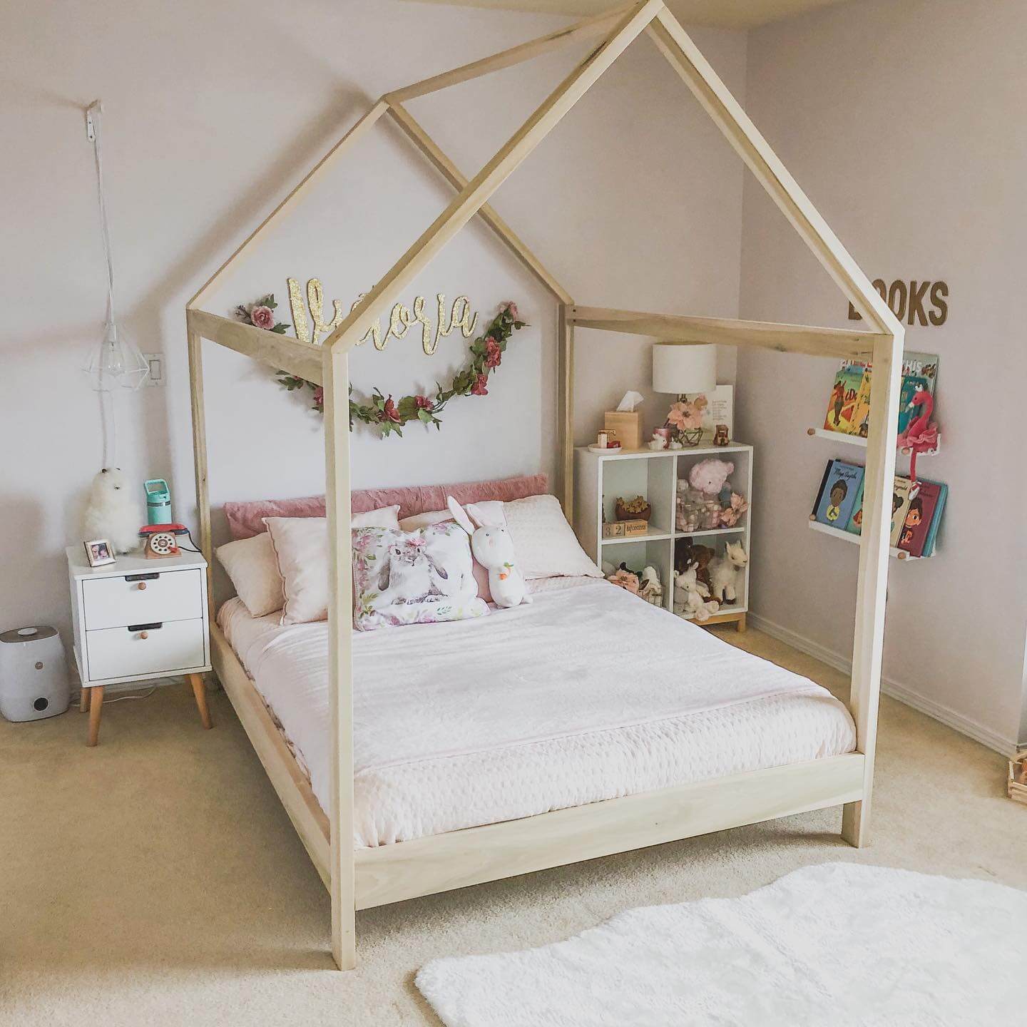 Wooden House Bed Frame with Garland Accent