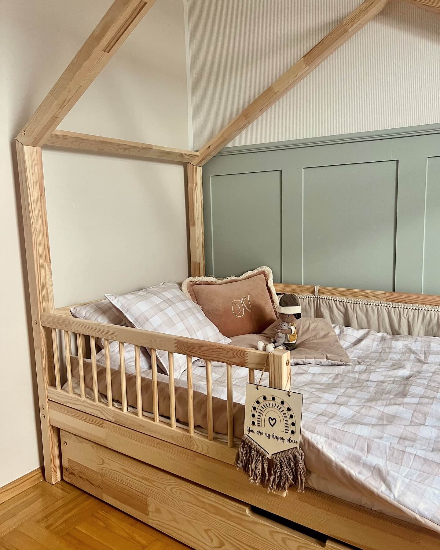 Natural Wood House Bed Frame with Drawer Storage