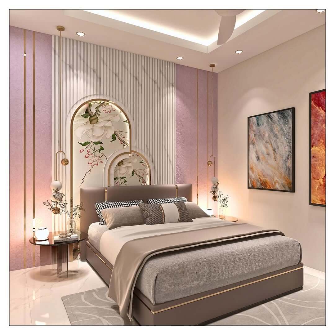 Arched Wall Feature With Floral Art Creates a Romantic Bedroom Focal Point