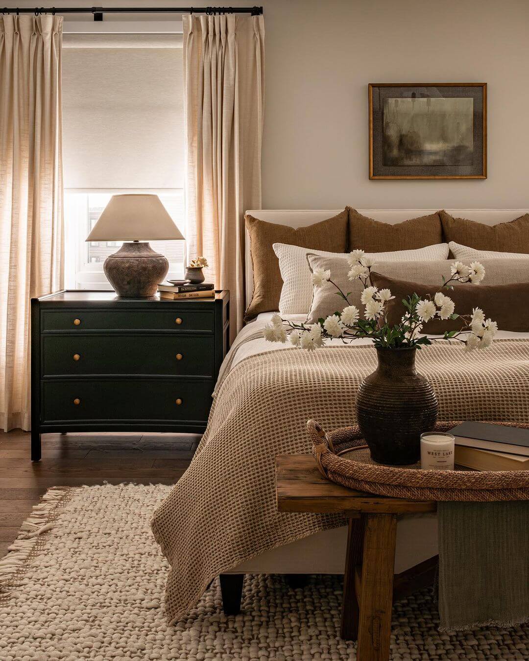 Dark Green Dresser Adds Bold Color to Neutral Bedroom