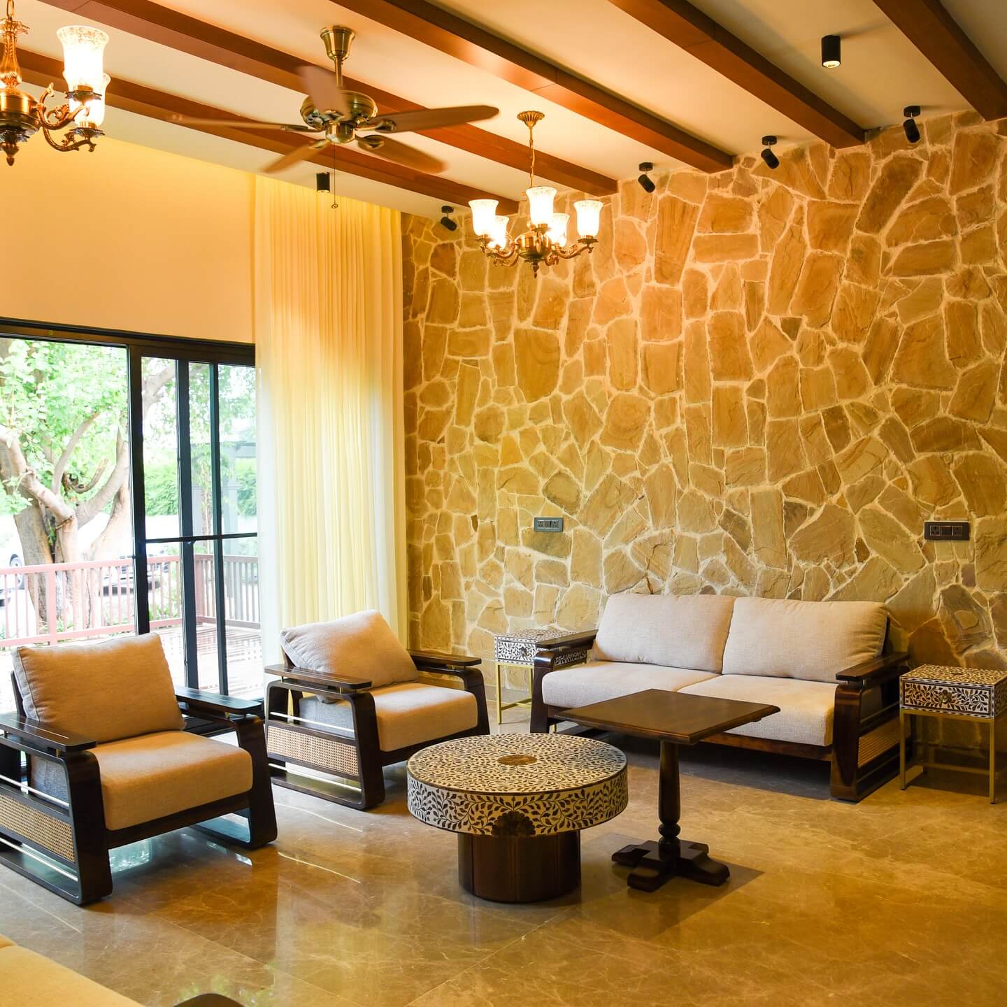 Textured Stone Wall With Wood Beams