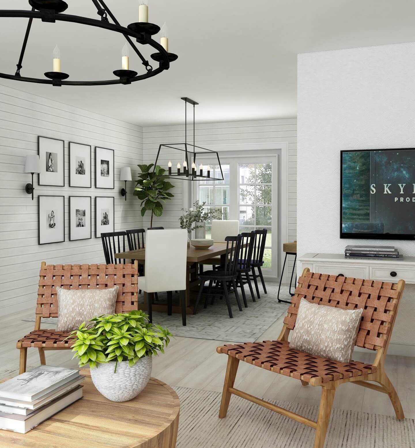 Black and White Gallery Wall Adds Symmetry to Shiplap