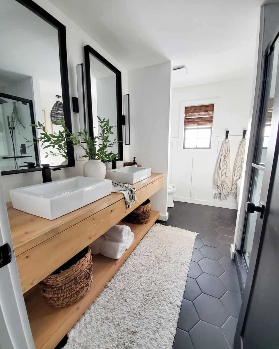 Open Wood Vanity With Woven Baskets For Storage