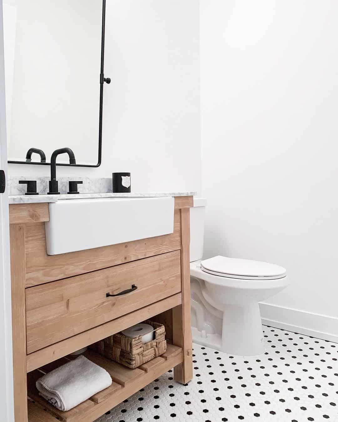 Open Wood Shelving Below Vanity for Towels and Baskets