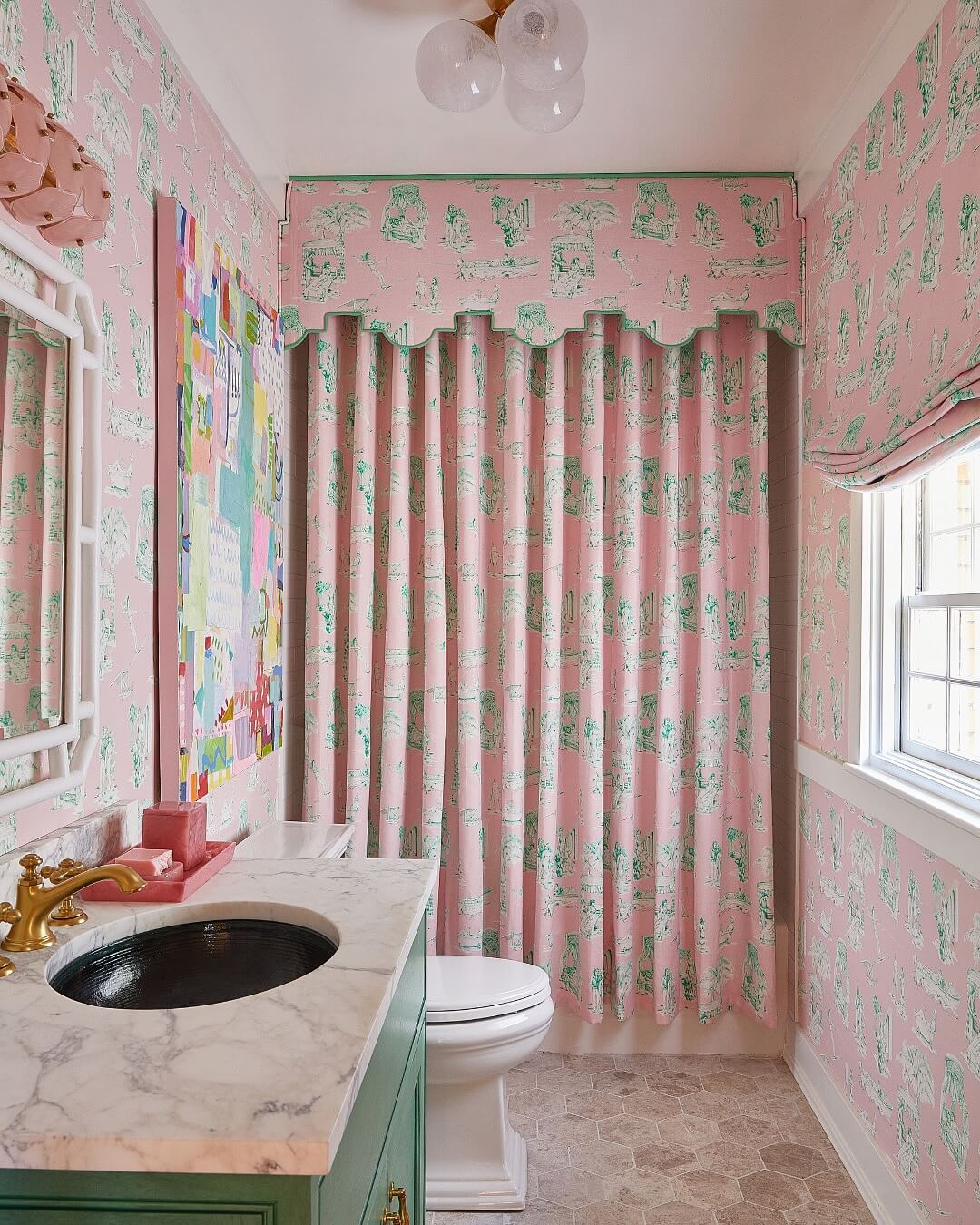 Pink Toile Shower Curtain Adds Patterned Color