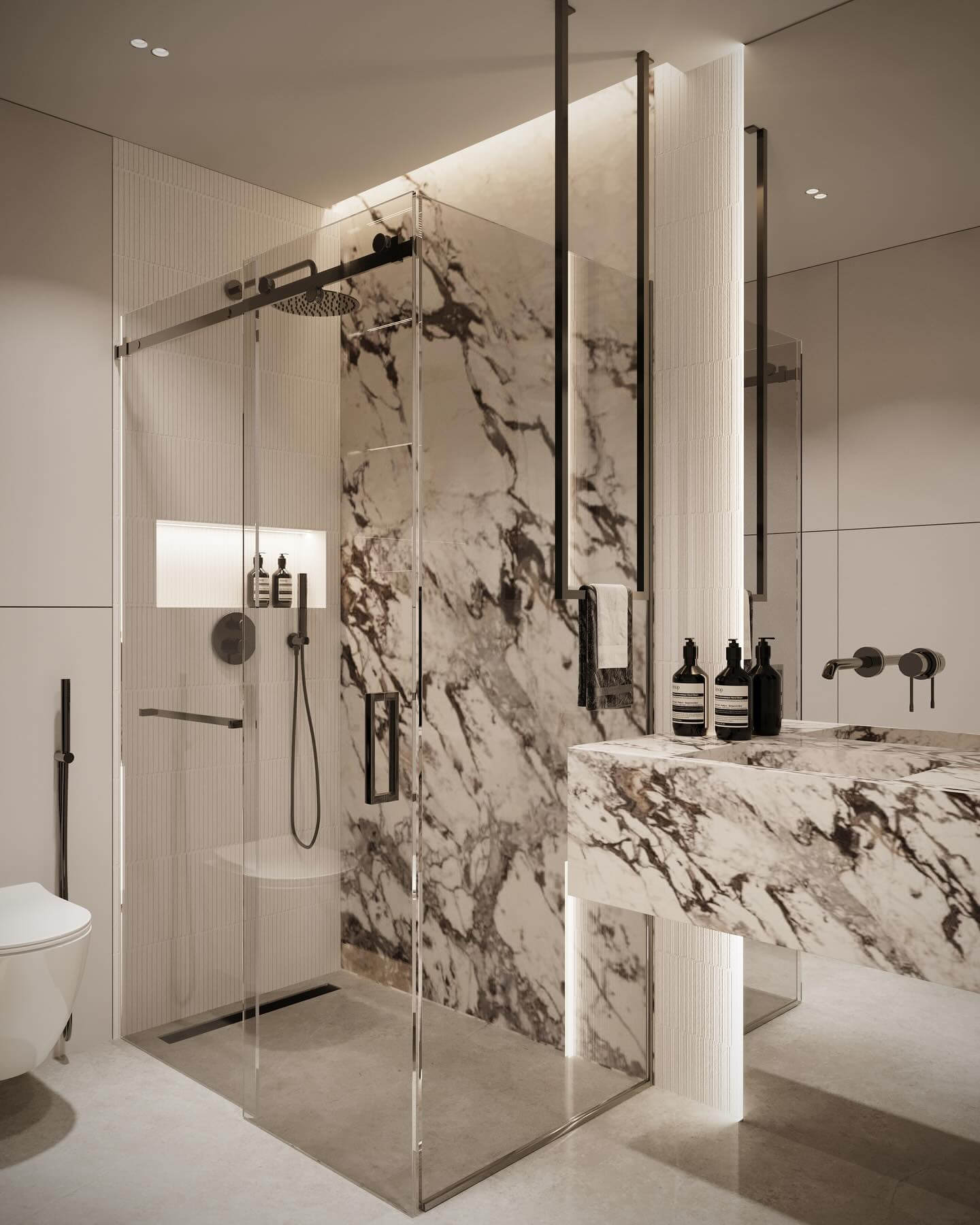Marble Vanity With Integrated Lighting Creates a Dramatic Focal Point