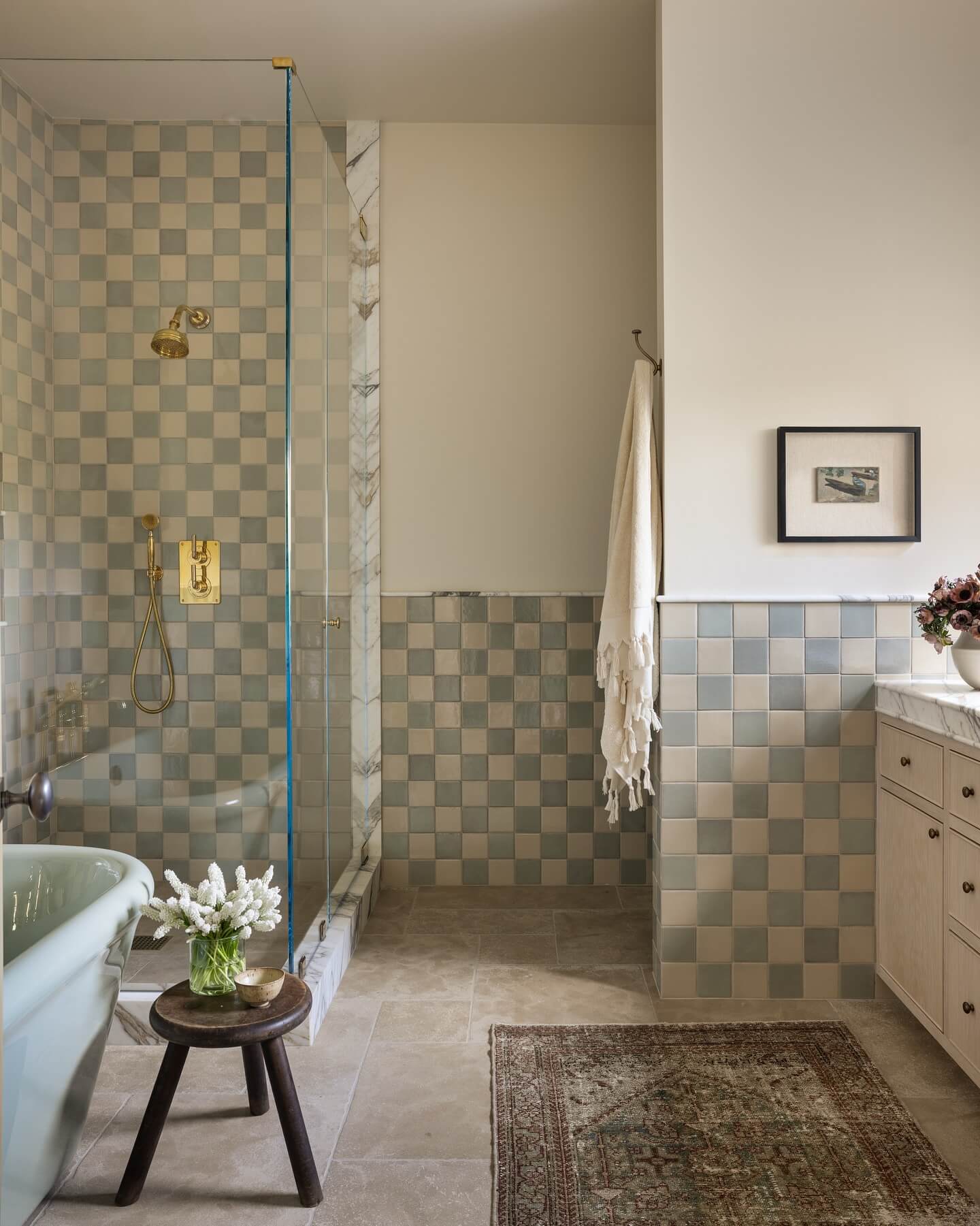 Checkerboard Tile Walls in Muted Blue and Green