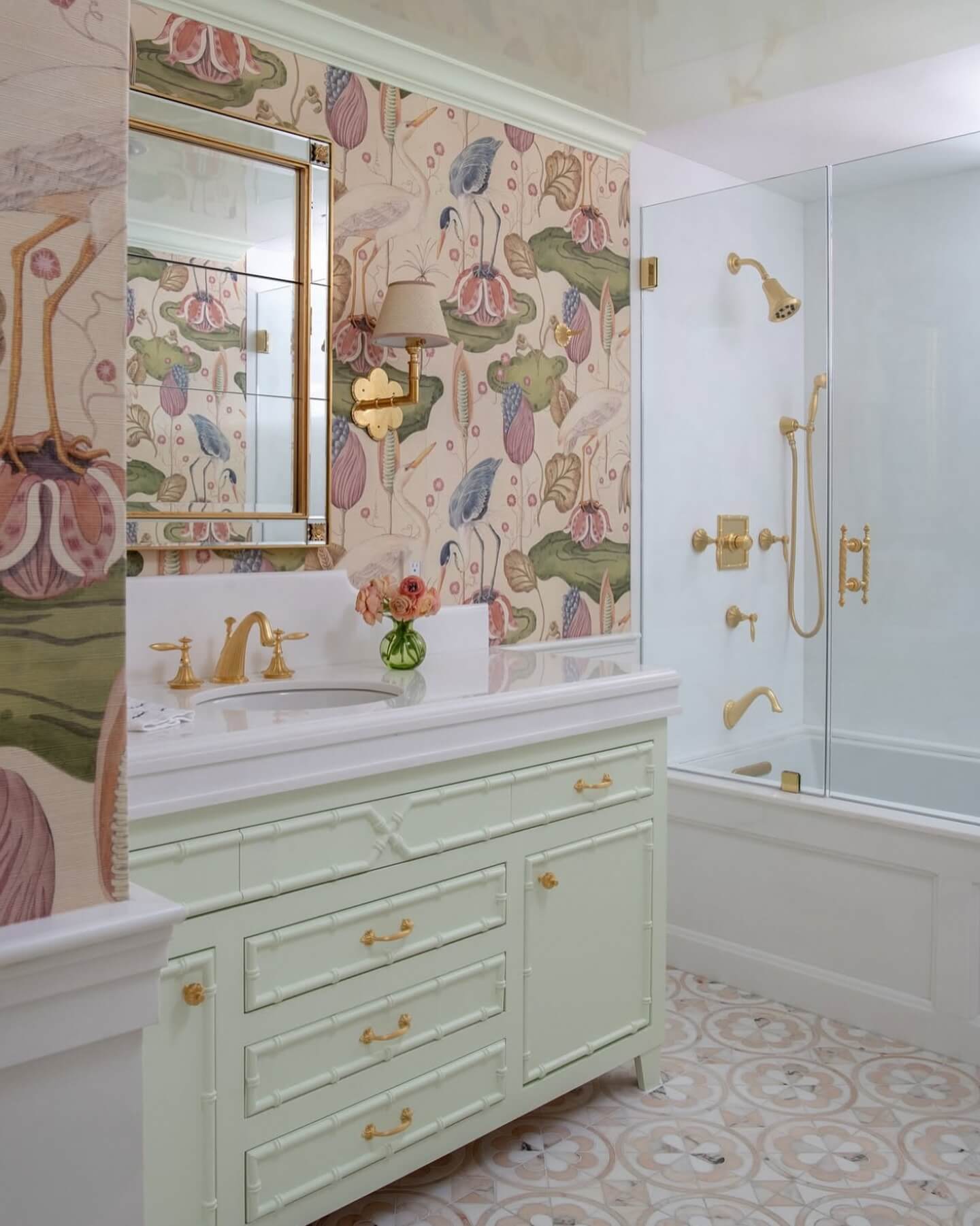Delicate Floral Floor Tiles Complement a Pastel Bathroom