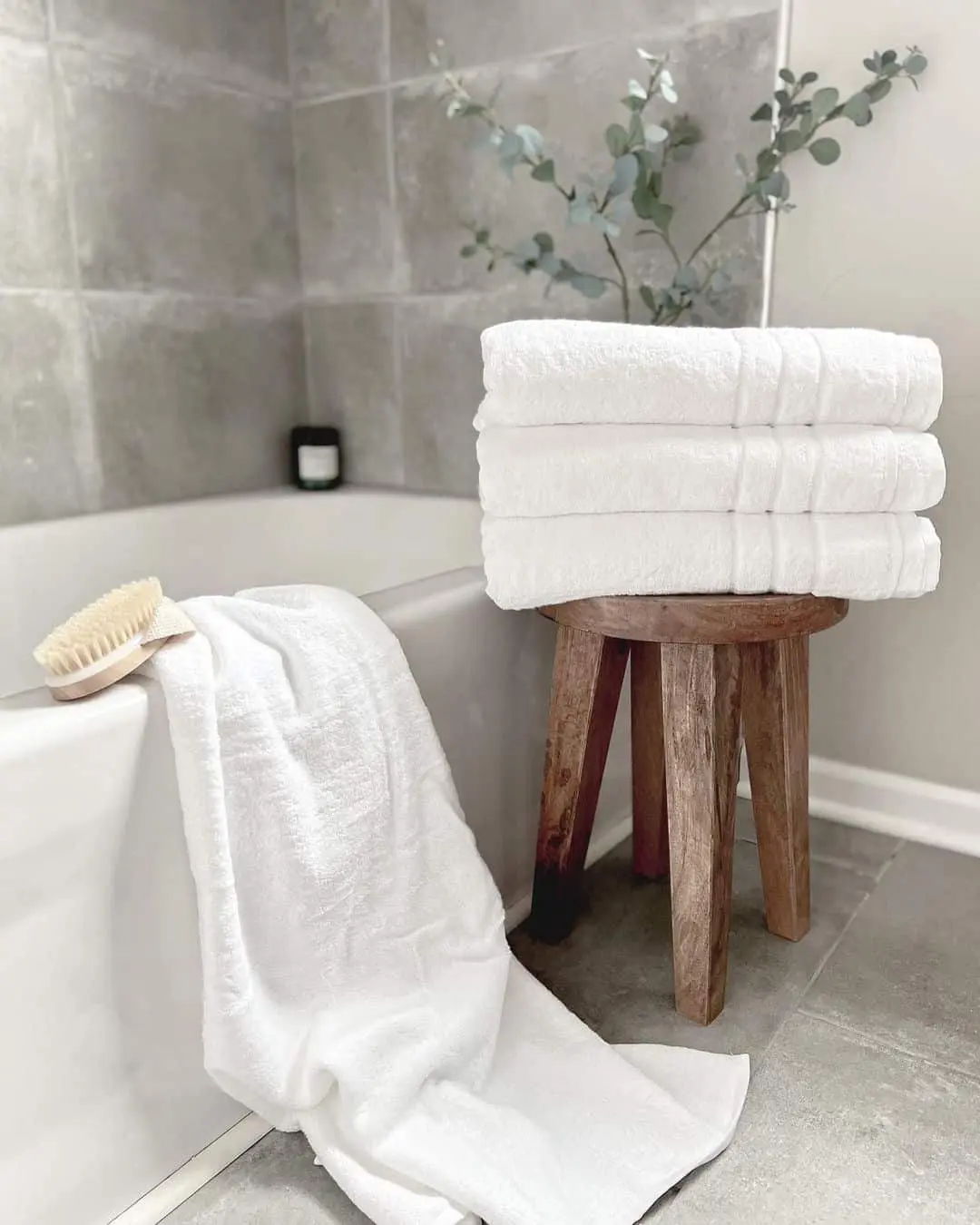 Rustic Wooden Stool for Stacked White Bath Towels
