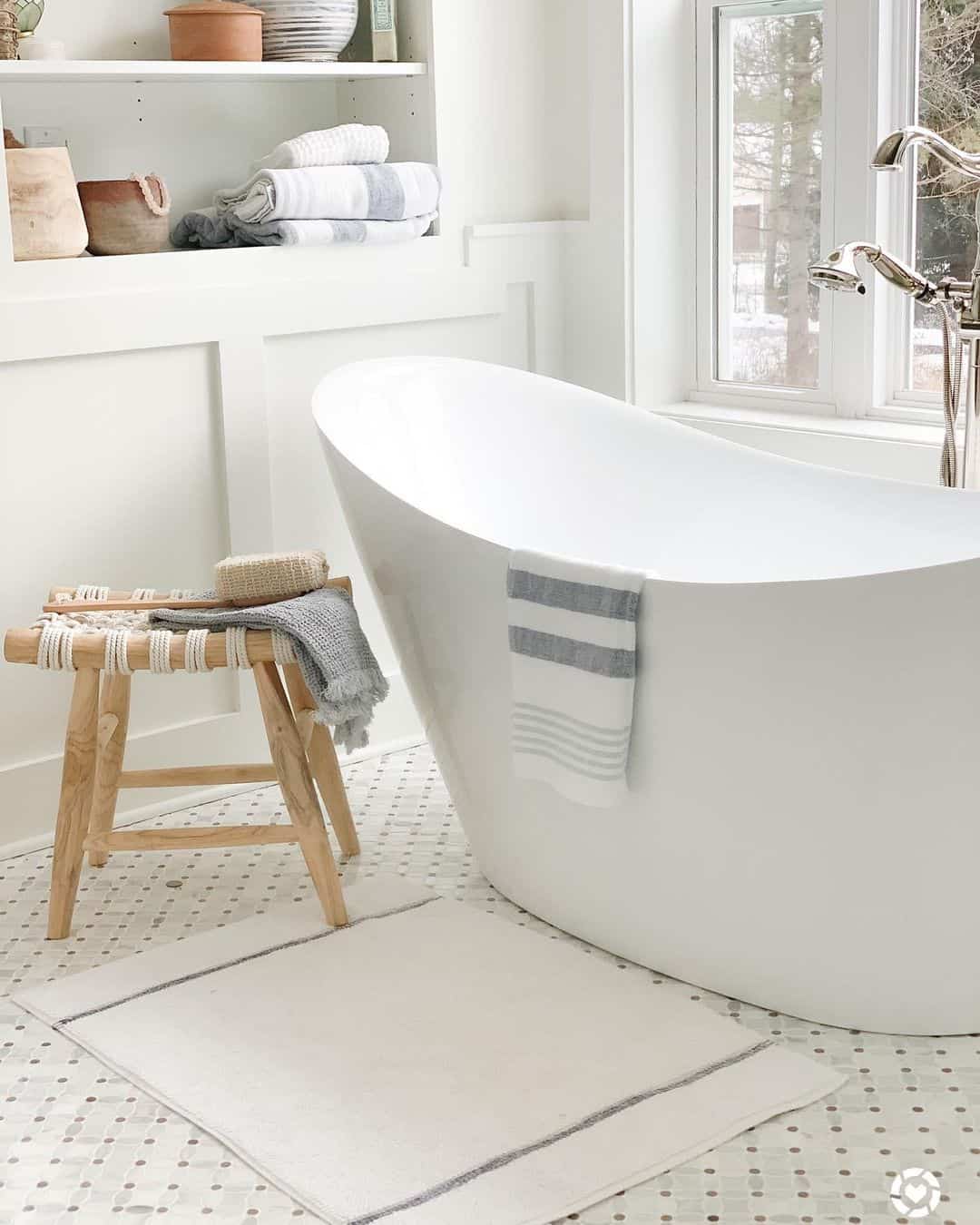 Natural Wood Stool with Woven Seat for Bath Essentials