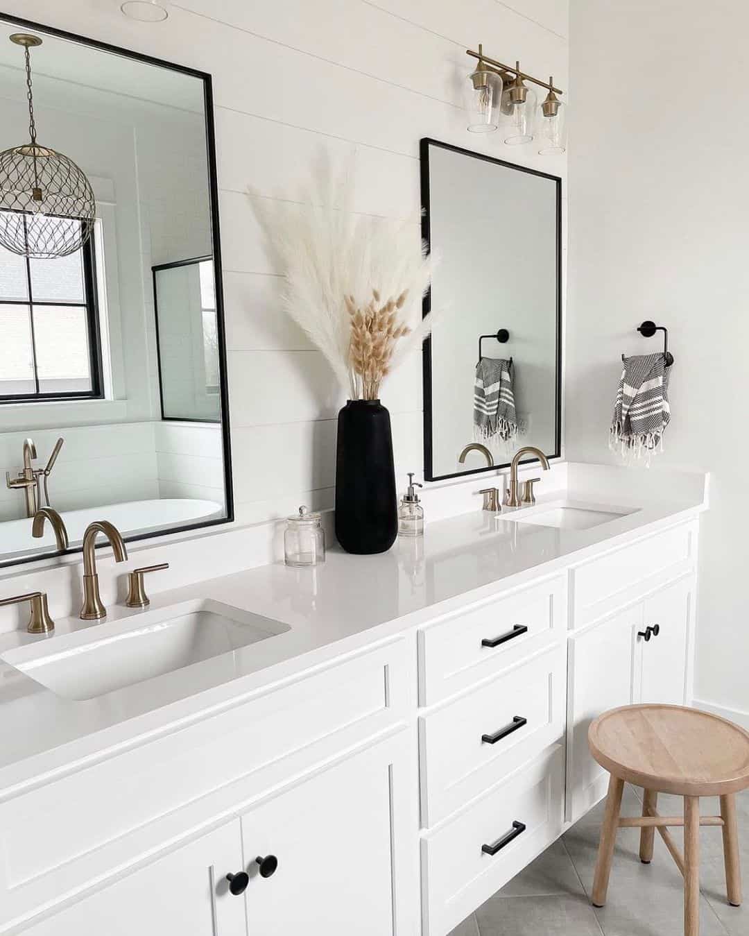 Light Wood Stool Adds Natural Touch by the Vanity