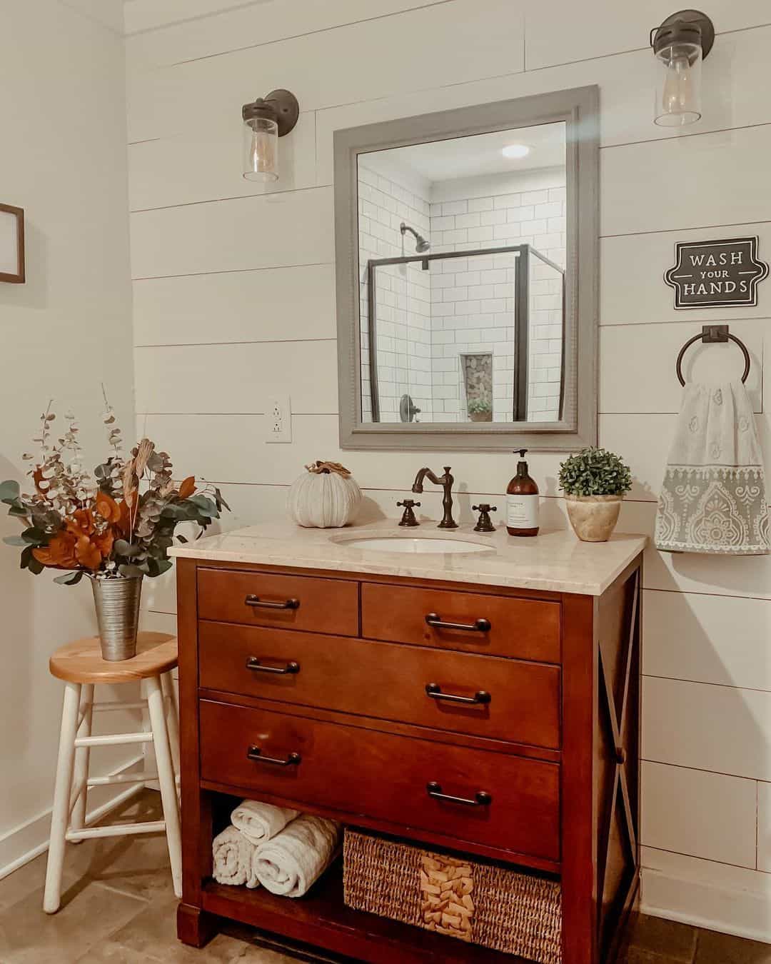 Rustic Wooden Stool Adds Charm Next to Your Vanity