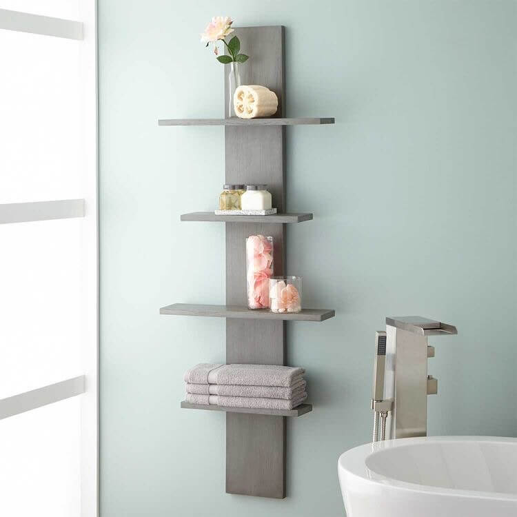 Gray Wood Tiered Shelving Unit Holds Towels and Decor