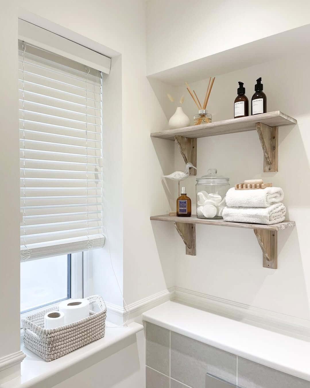 Weathered Wood Shelves Hold Spa-Like Essentials