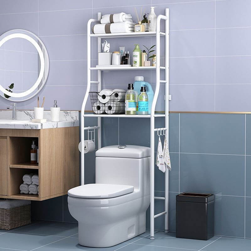 White Metal Shelf Unit Organizes Toiletries Above the Toilet