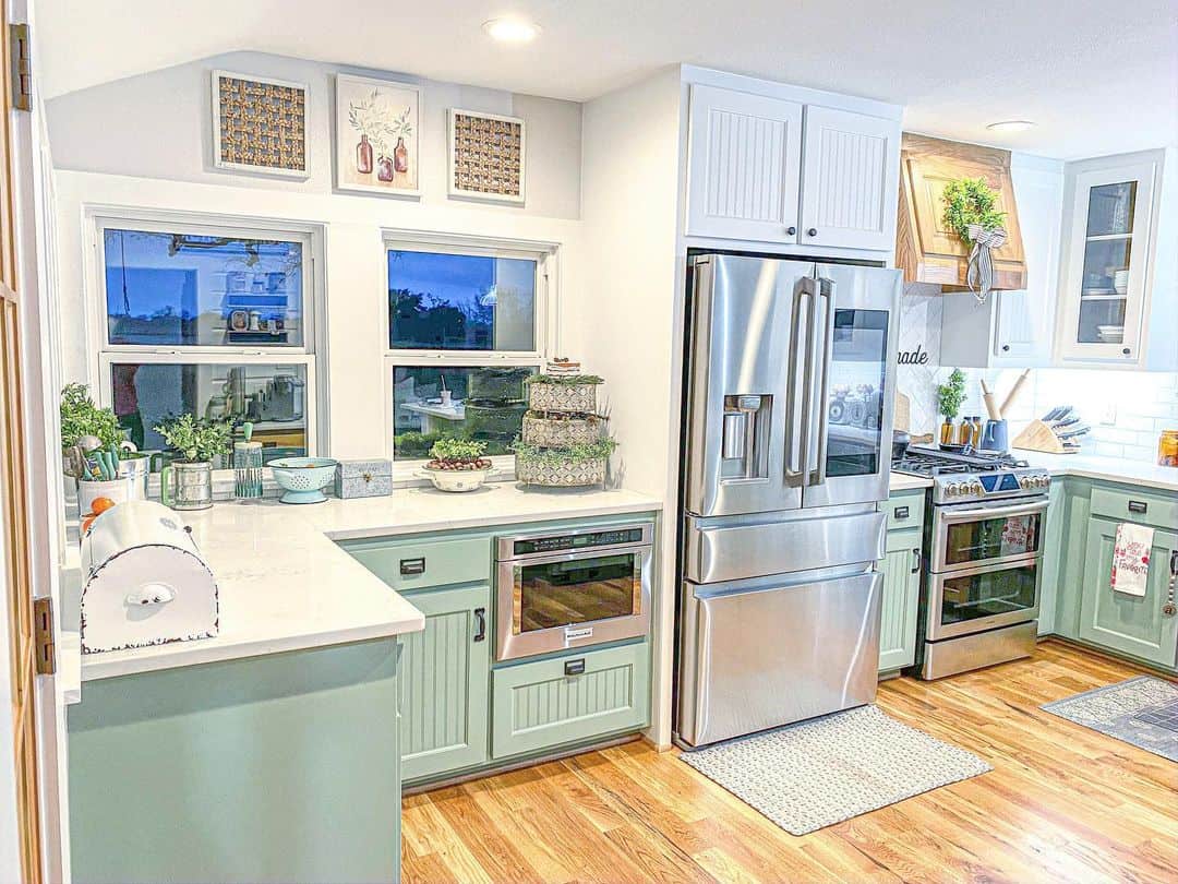 Sage Beadboard Base Cabinets with White Upper Cabinets