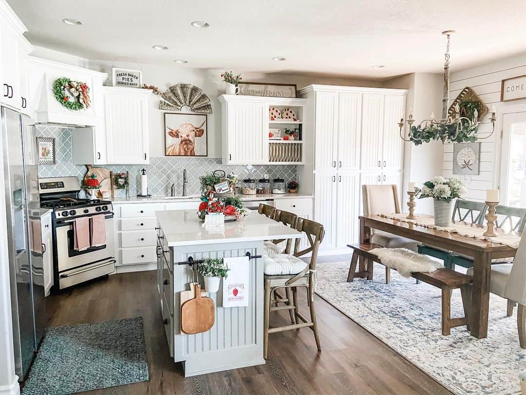 Light Gray Beadboard Island for Hanging Kitchen Tools