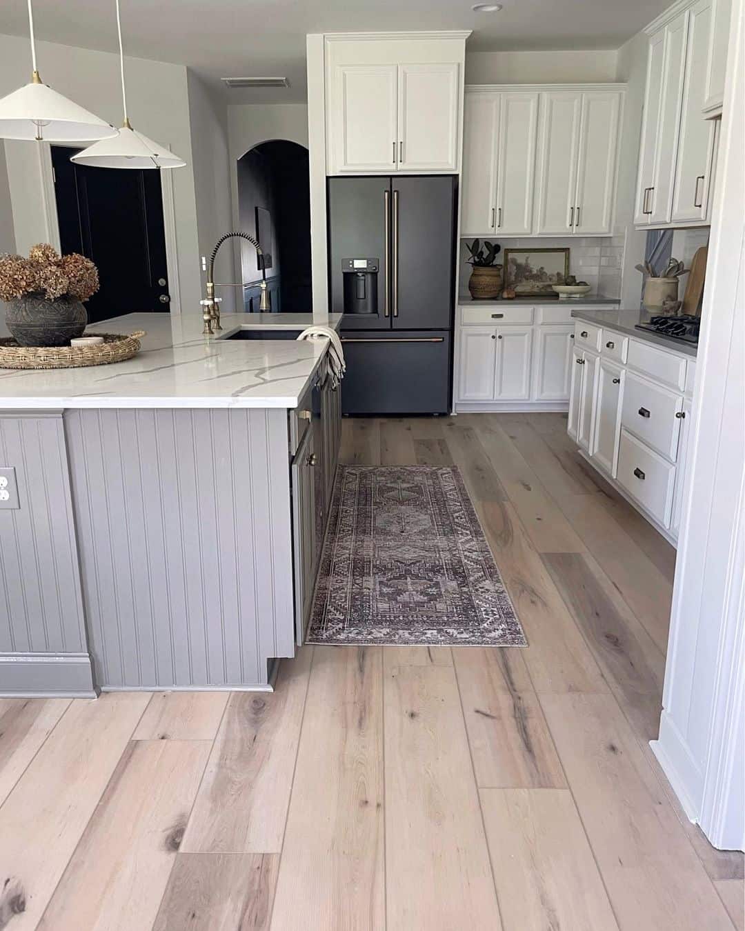Muted Gray Beadboard Island for Subtle Contrast