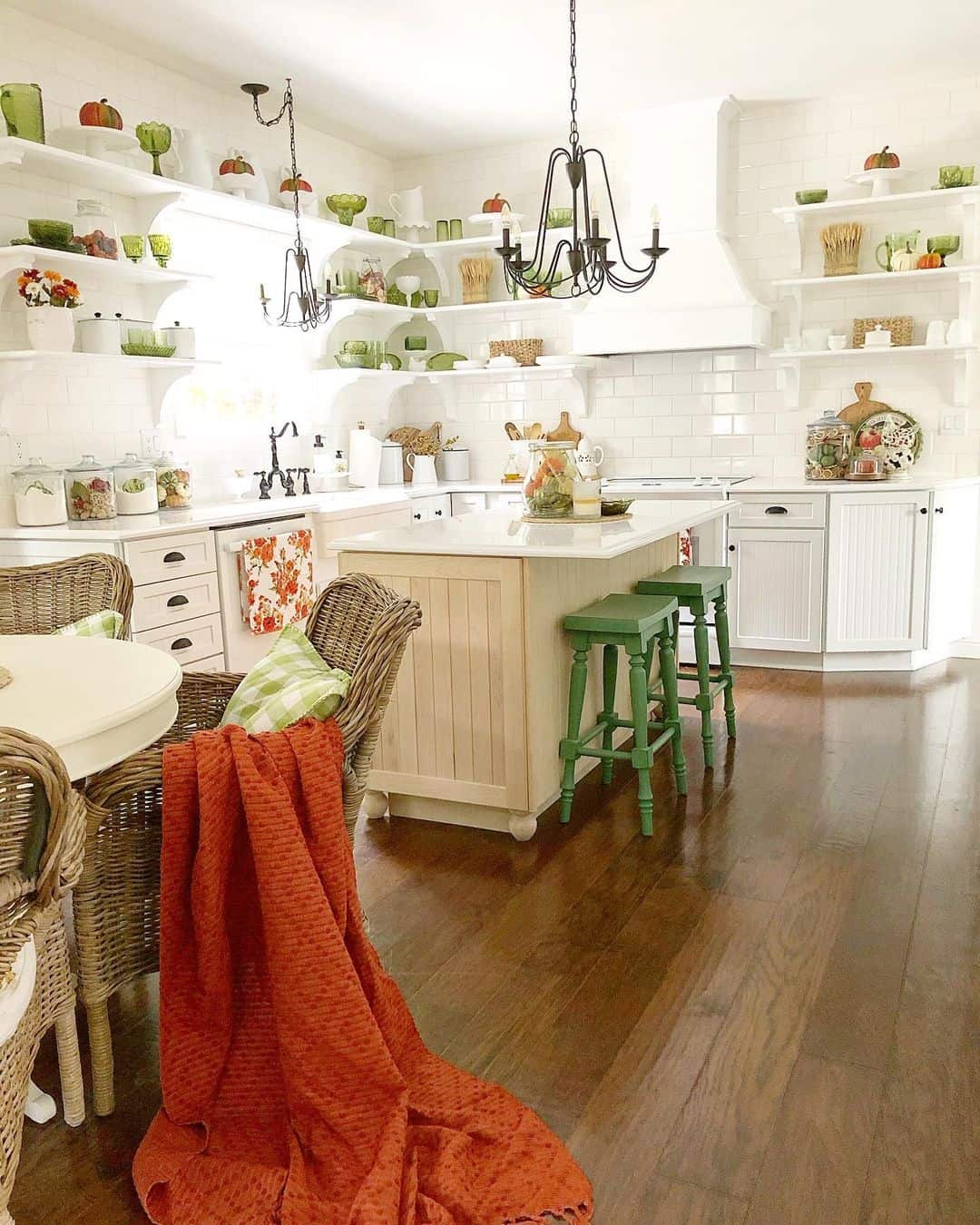 Natural Wood Beadboard Island Paired with Bright Green Stools