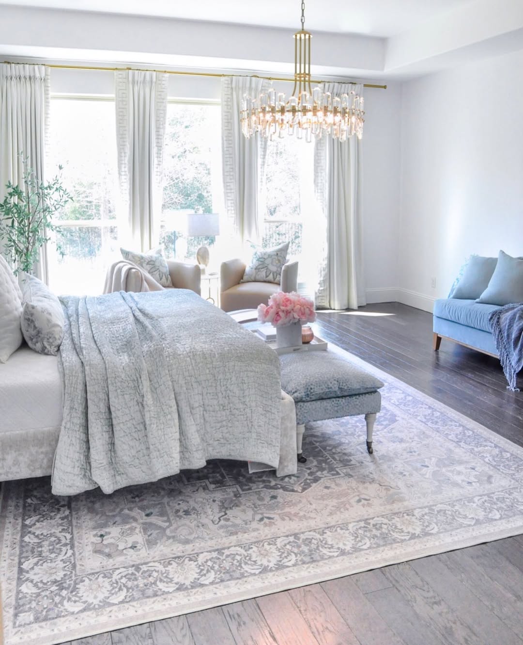 Gray and White Medallion Rug Under Light Blue Bedding