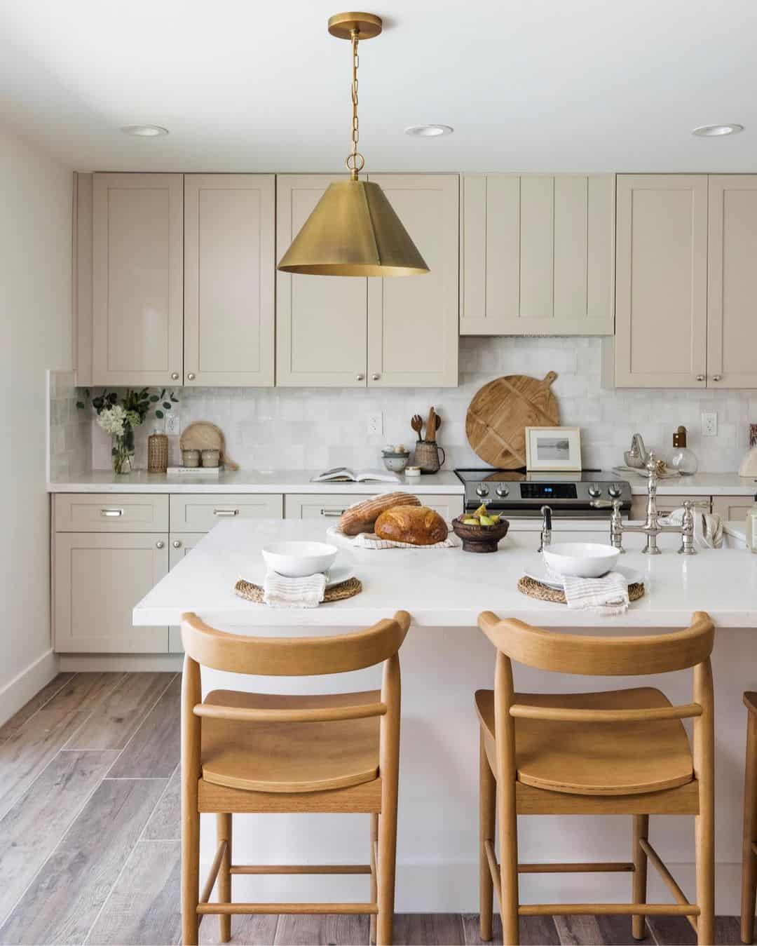 Brass Cone Pendant Light Warms Up Beige Kitchen Island