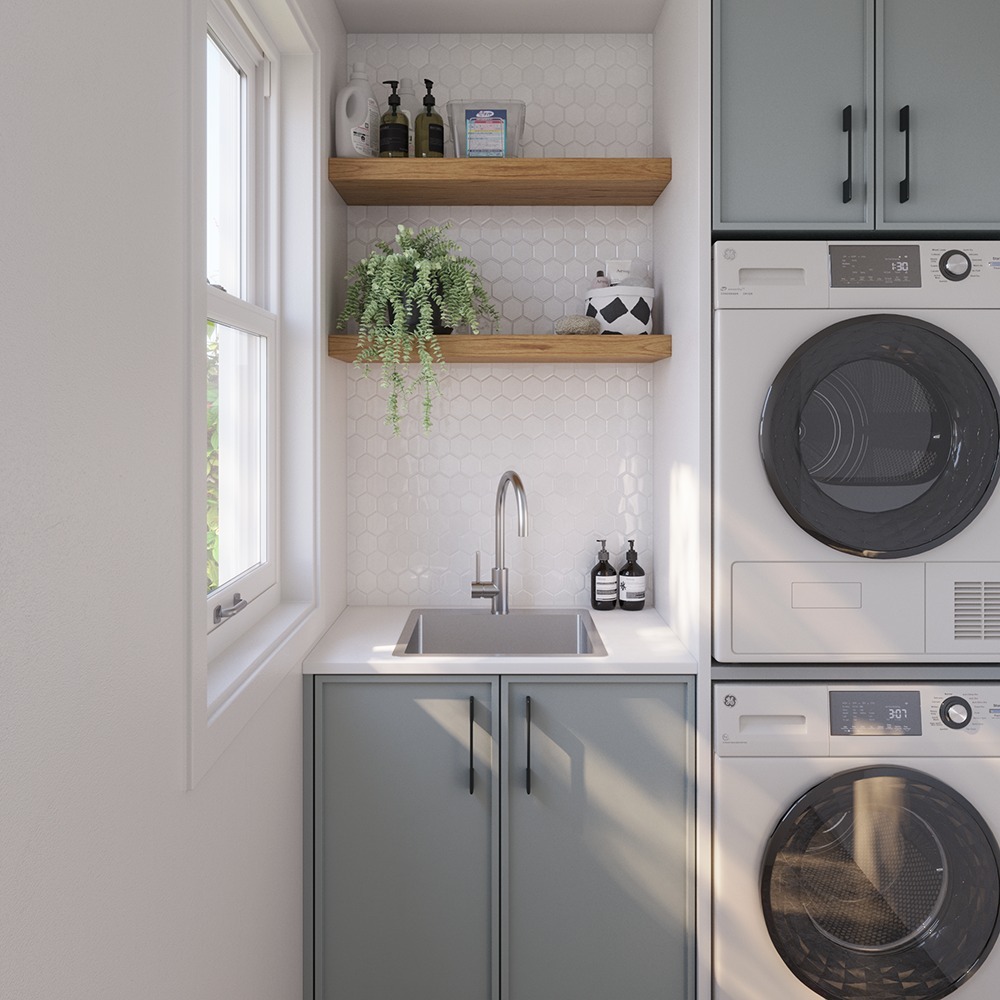 Open Wood Shelves Add Warmth Above the Sink