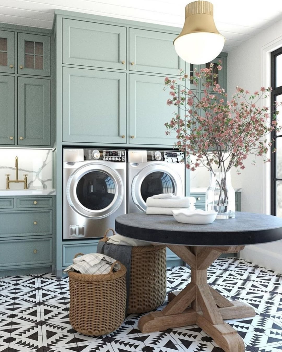 Sage Green Cabinets Frame Stacked Washer and Dryer