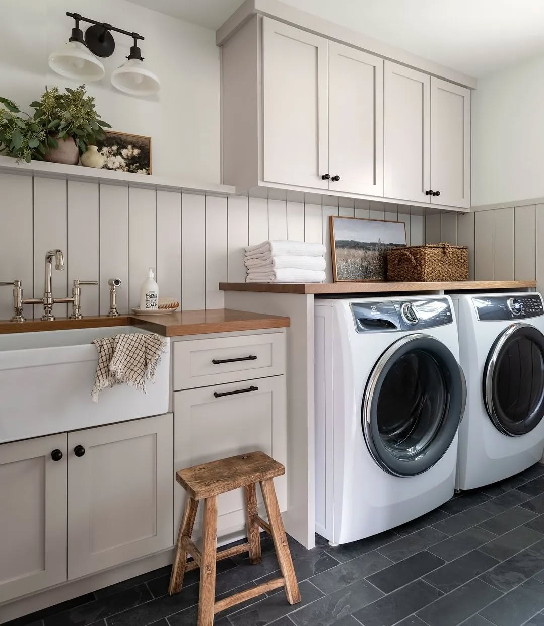 Wooden Farmhouse Stool Adds Rustic Charm to the Laundry Room