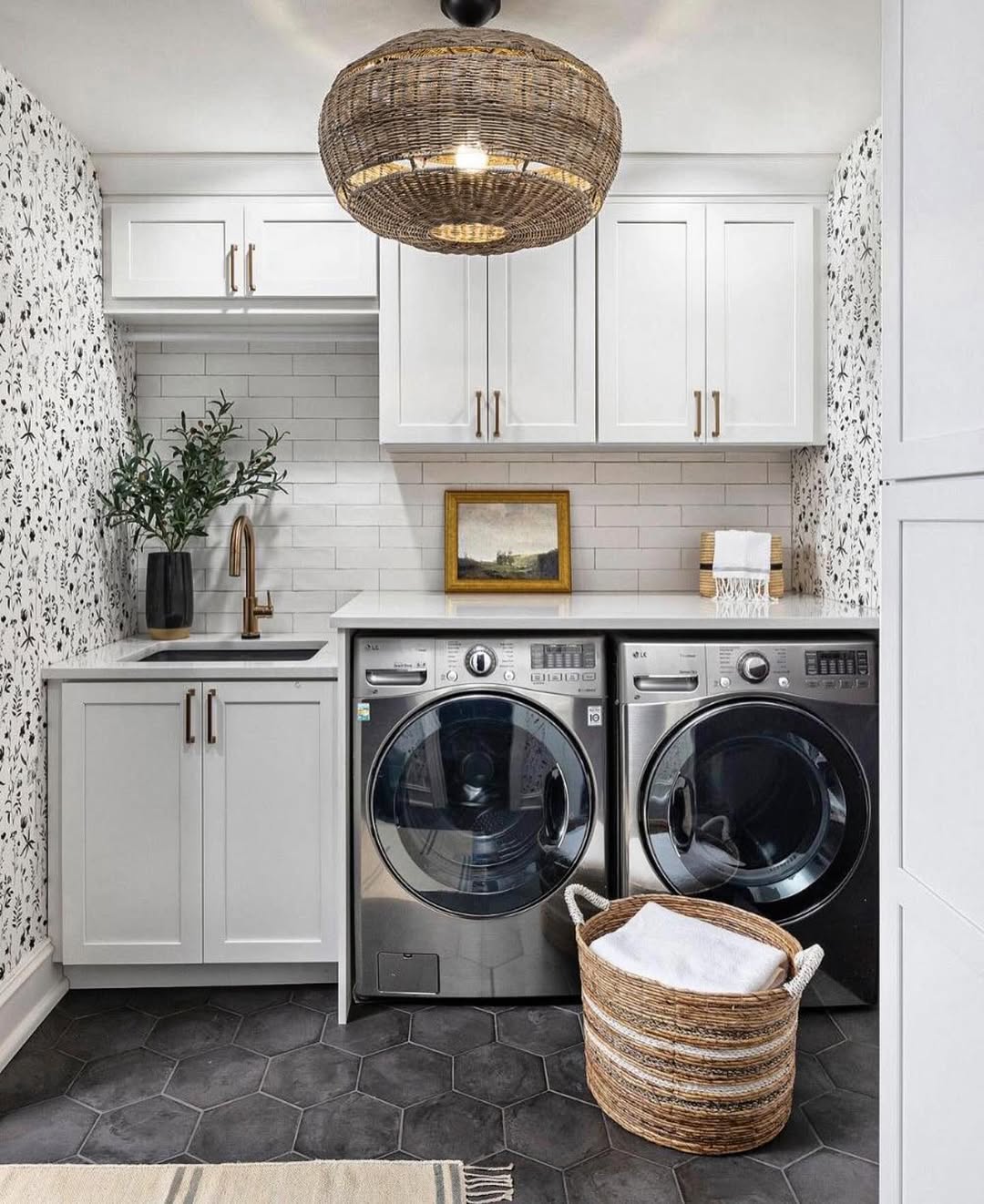 Woven Pendant Light Adds Organic Texture Above Laundry Space