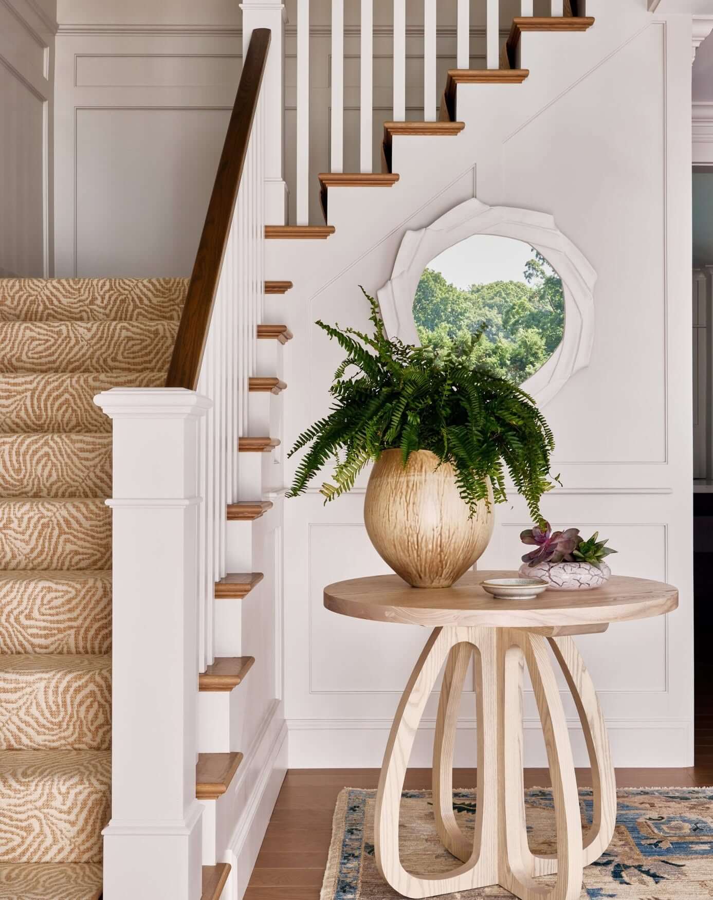 Light Wood Entry Table with Sculptural Base