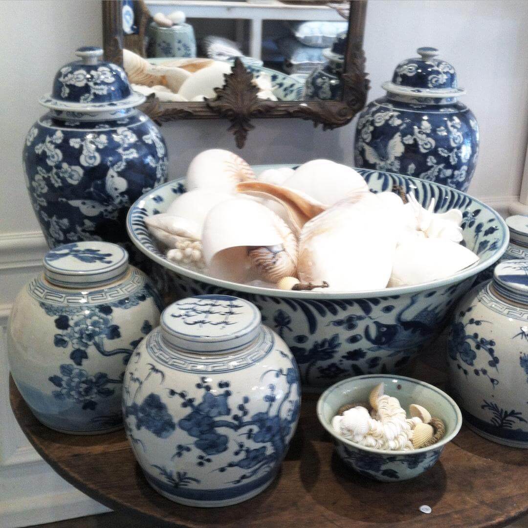 Blue and White Ginger Jars Filled With Beach Finds