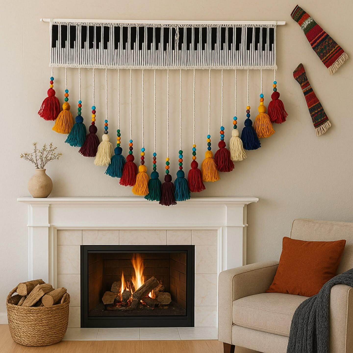 Piano Key Wall Hanging With Colorful Tassel Garland